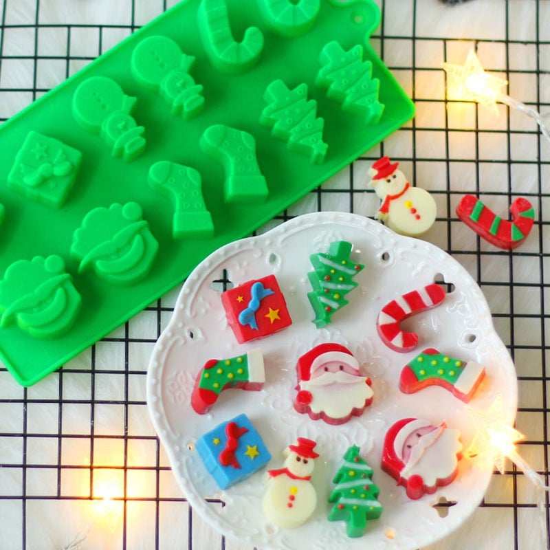 YuCool 3 Pack Christmas Silicone Chocolate and Candy Molds, Small Christmas Silicone Baking Molds - Red,Green,Pink - Image 3
